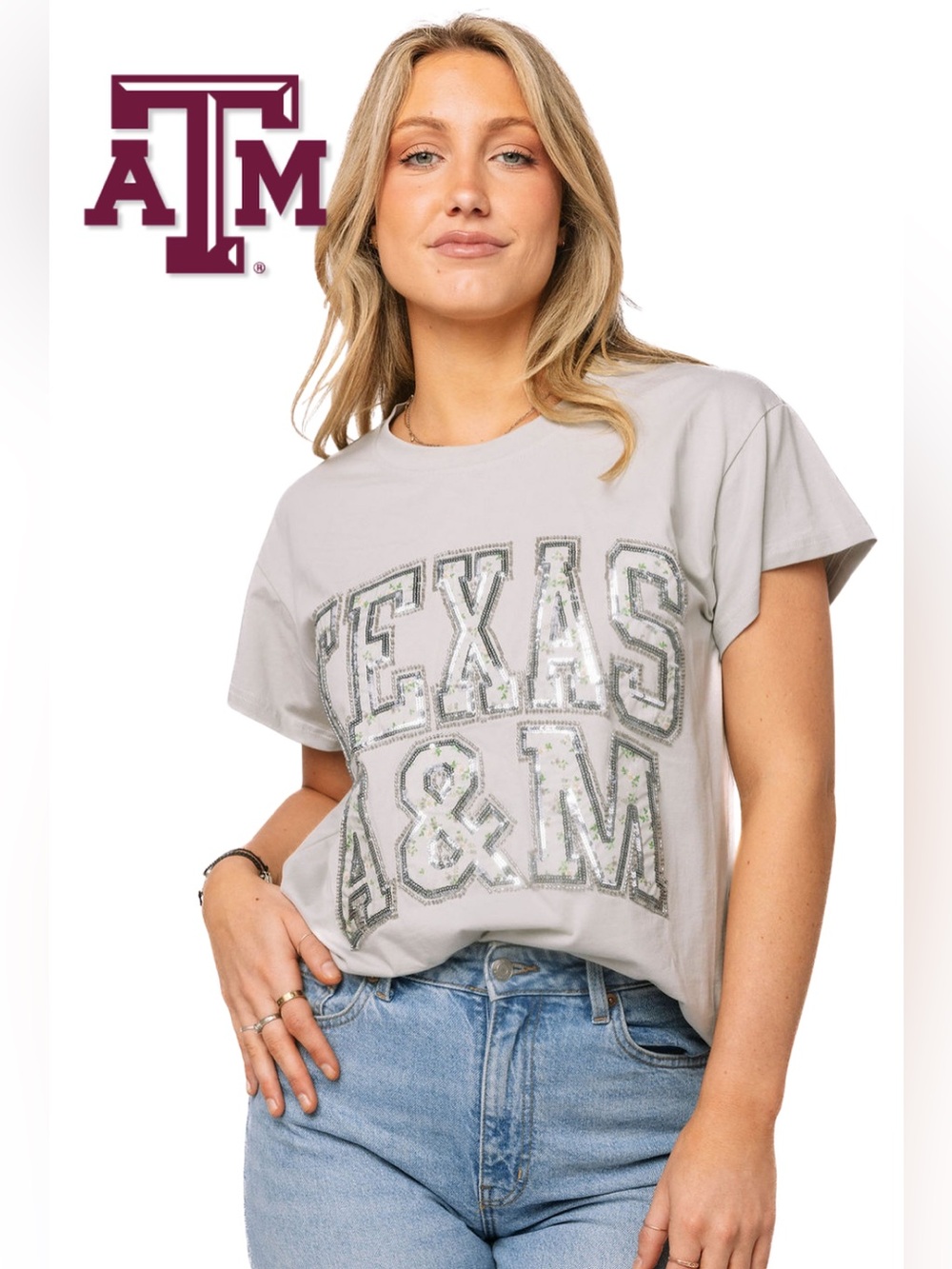 Queen of Sparkles Texas A&M Floral Sequin Initial Tee Gray Size L